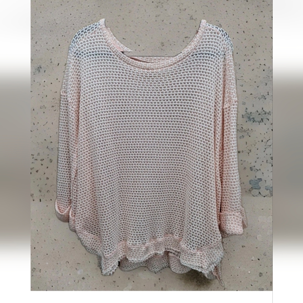 Umgee Boutique Waffle Knit Oversized Short Sleeve Peach/Melon Women's Top Sz XL